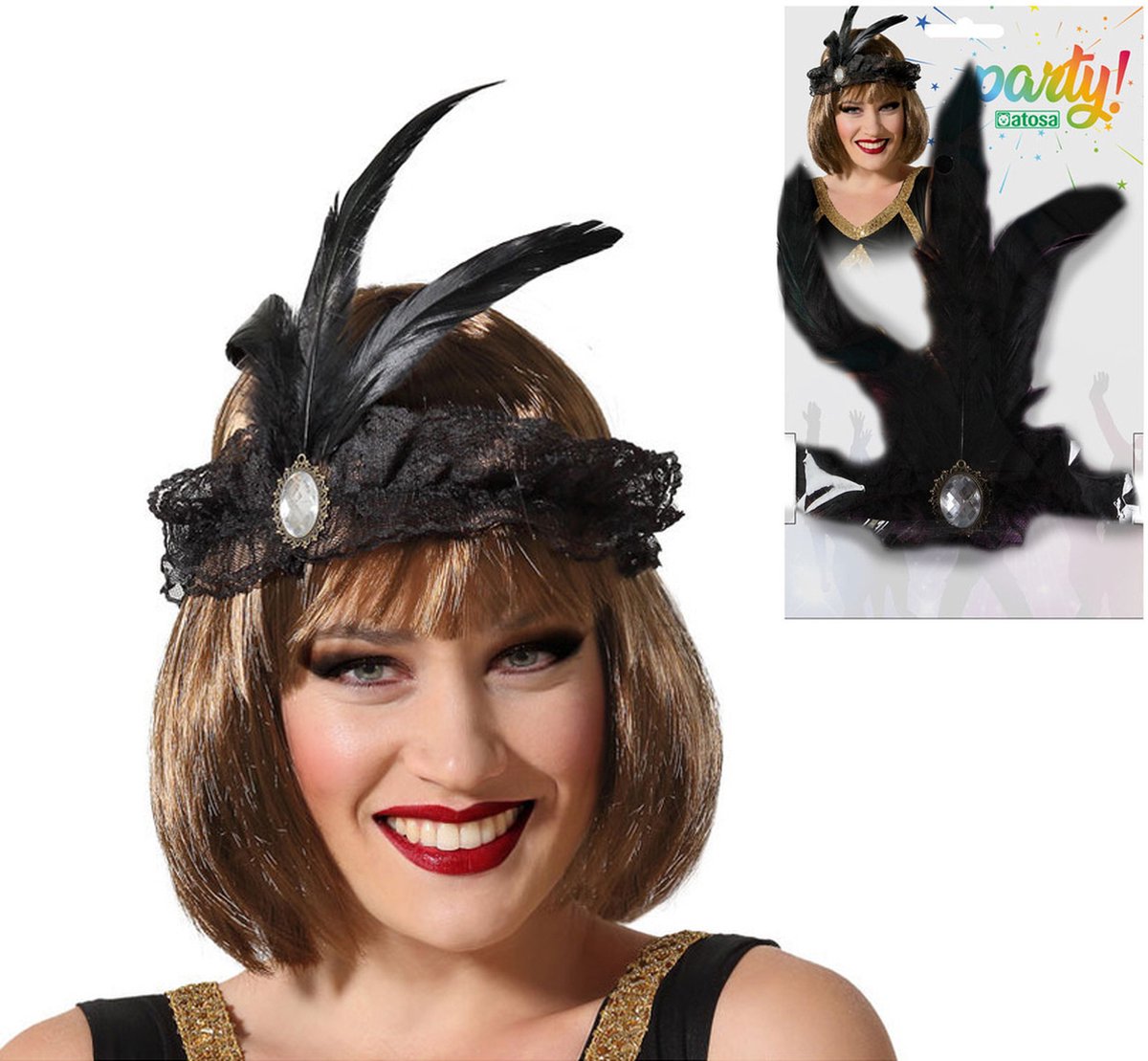 Atosa Charleston Flapper Hoofdband - 2x - tule en veertjes - zwart - Dames - jaren 20/Twenties thema/Charleston