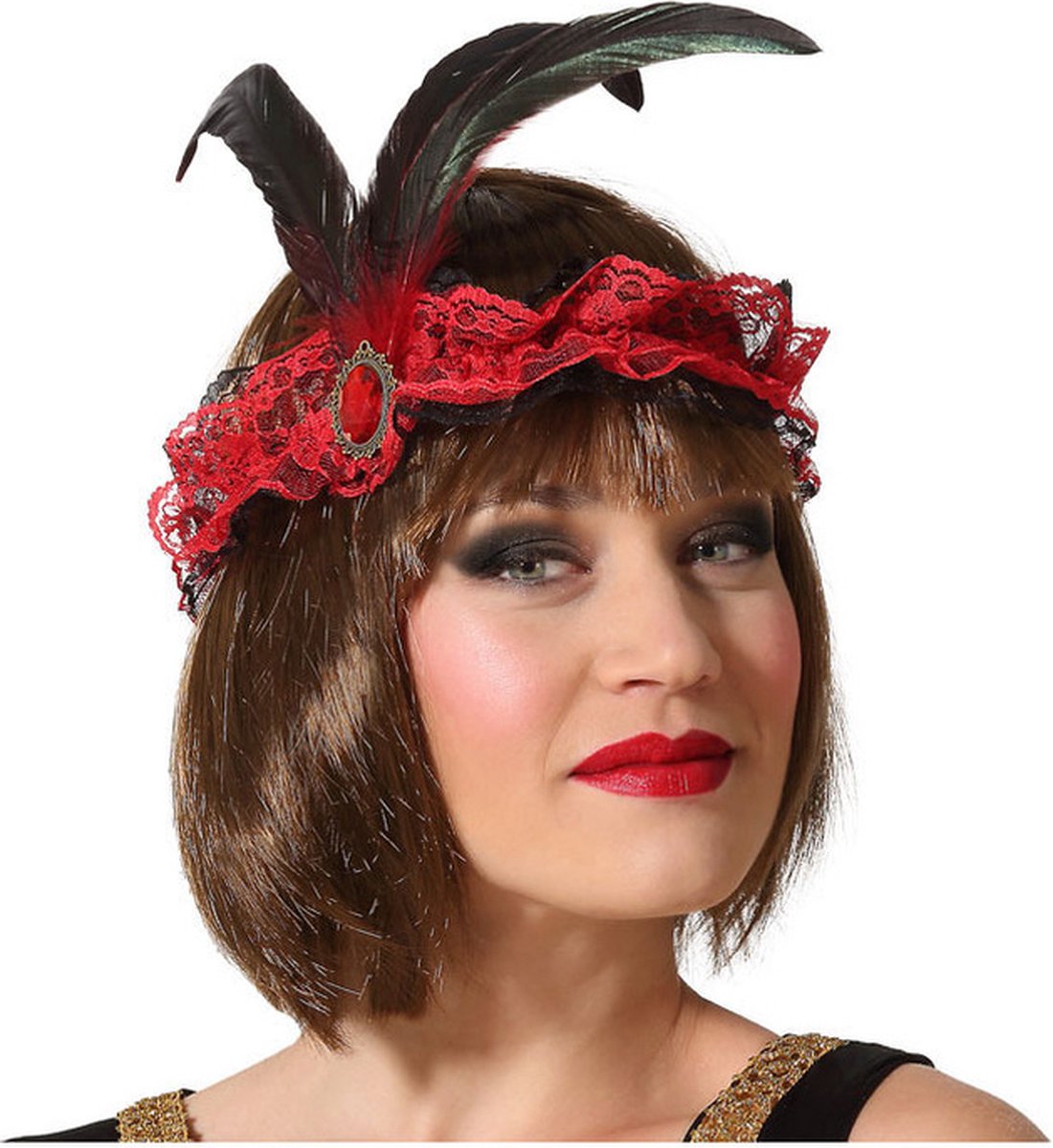Atosa Charleston Flapper Hoofdband - tule en veertjes - rood - Dames - jaren 20/Twenties thema/Charleston
