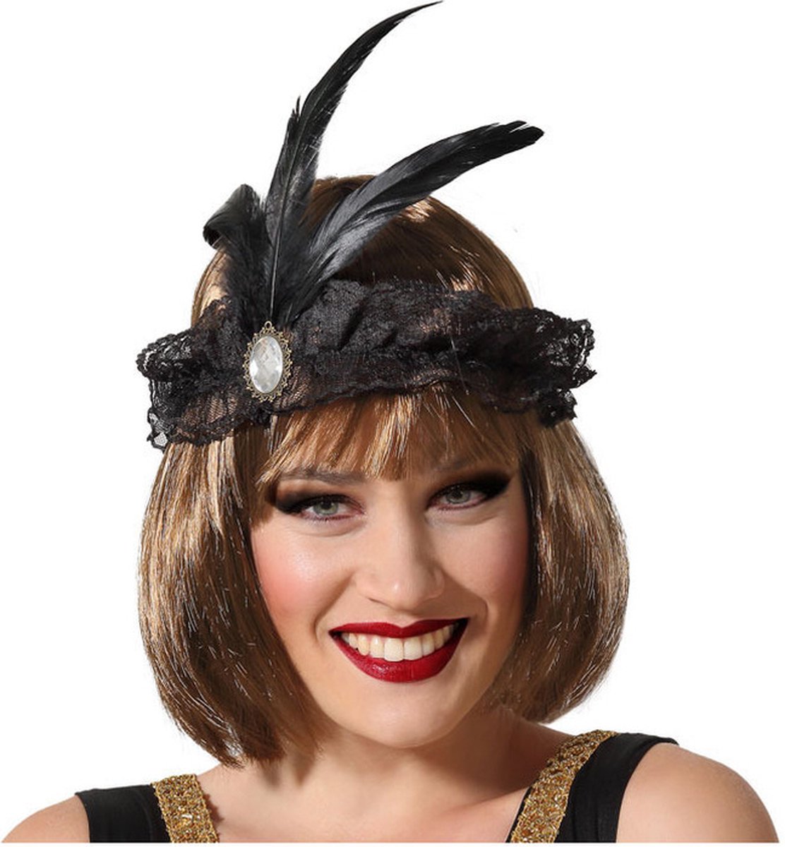 Atosa Charleston Flapper Hoofdband - tule en veertjes - zwart - Dames - jaren 20/Twenties thema/Charleston