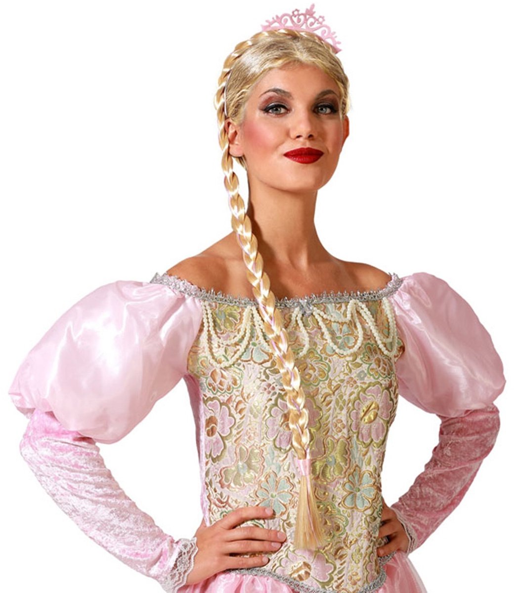 Atosa Verkleed haarband/hoofdband met vlecht en kroon - roze - meisjes/dames - queen/ijsprinses/Elsa/Fantasy - carnaval - kunststof