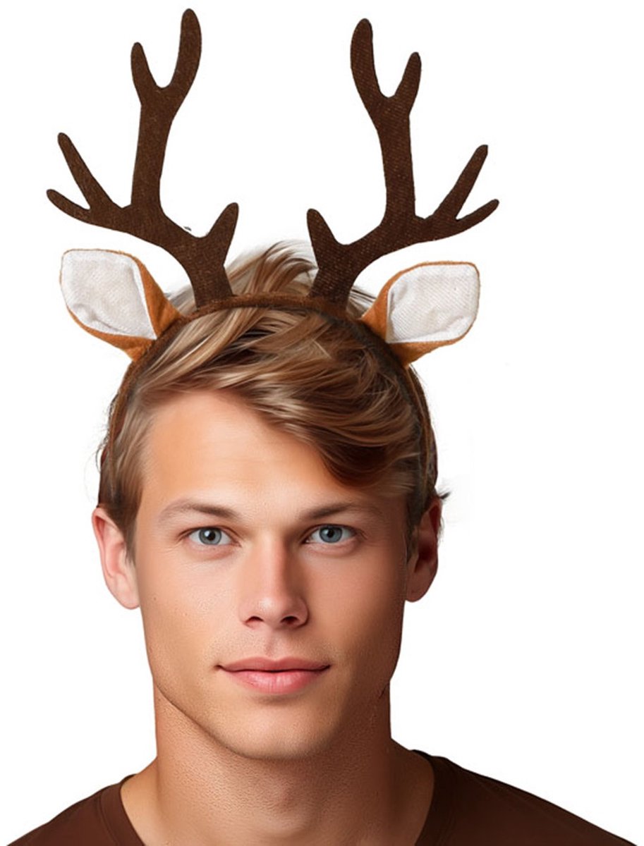 Atosa Verkleed haarband/hoofdband oren en gewei van een hert/rendier - bruin - kinderen/volwassenen - dieren - carnaval - kunststof
