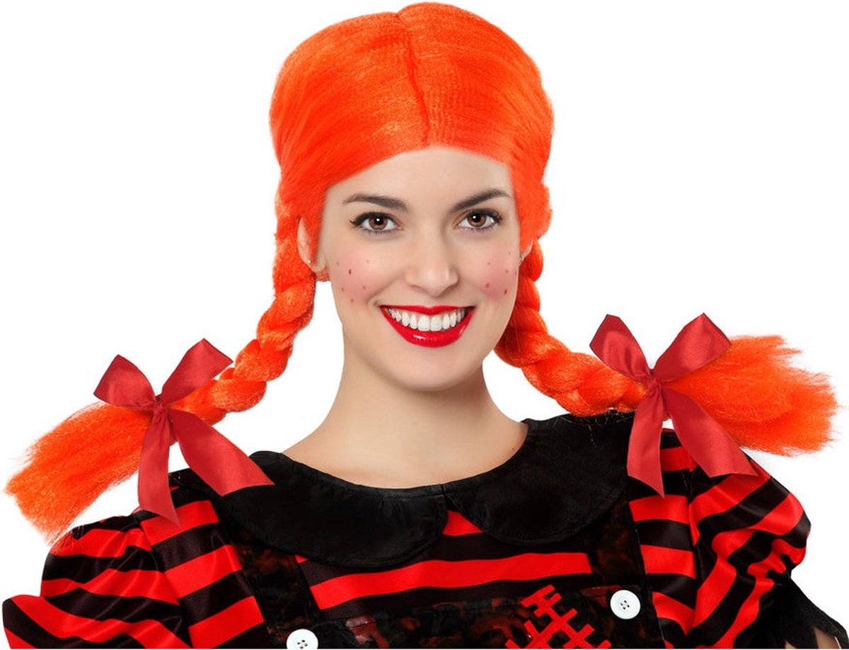 Atosa Verkleedpruik Dames Pippie - Oranje - Met lange vlechtjes - lang haar - Holland - Nederland - carnaval