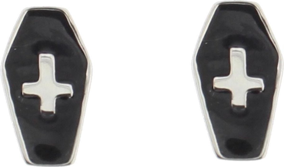 Attitude Holland Stud oorbellen Upside down cross Inside coffin Zwart