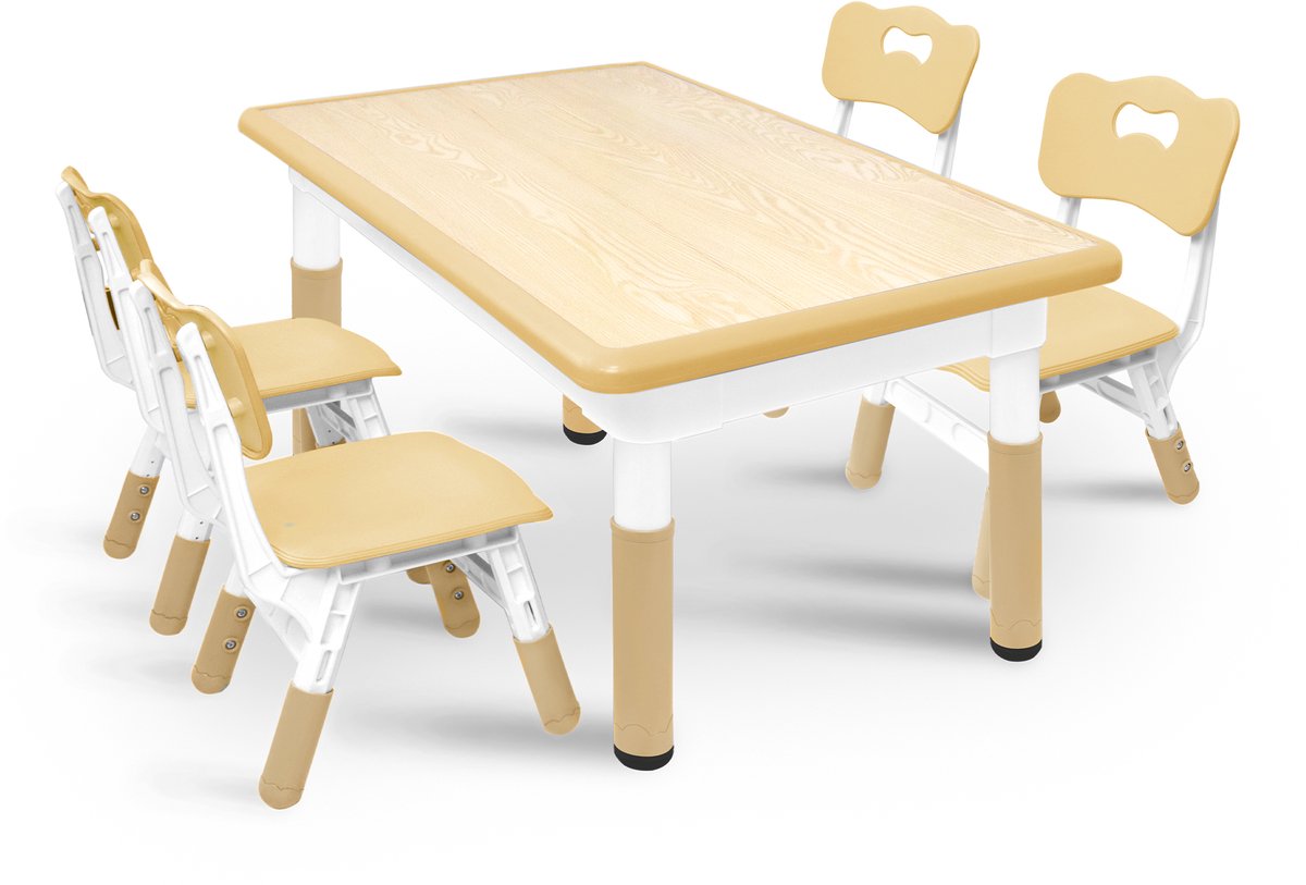 Aufun Kindertafel Met 4 Stoelenset, In Hoogte Verstelbare Kinderzitgroep, Tafel- En Stoelenset Voor Kleuterschool En Kinderkamer, Makkelijk Nemen Kunsttafel Voor In De Klas, Kunststof Kindermeubels, Houtkleur 120*60Cm
