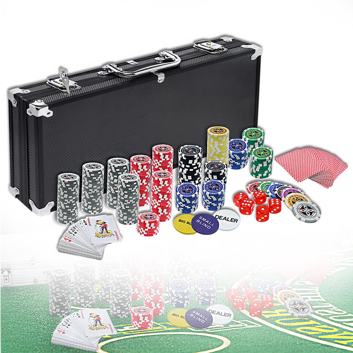 Aufun Pokerkoffer, Pokersets Met Aluminium Koffer, 500 Laserpokerfiches, Professioneel Pokerspel, Inclusief 2 Pokerdecks, 5 Dobbelstenen, 3 Dealerknoppen (Zwart)