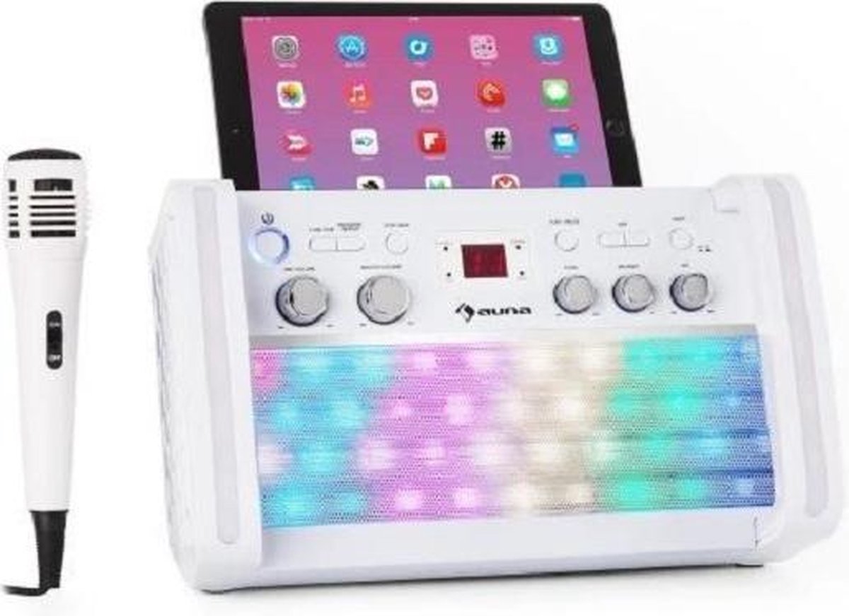 Karaoke set -   DiscoFever 2.0 karaoke set met CD+G, Bluetooth, microfoon met echo, tablet en telefoon houder en dansende disco LEDs - Wit