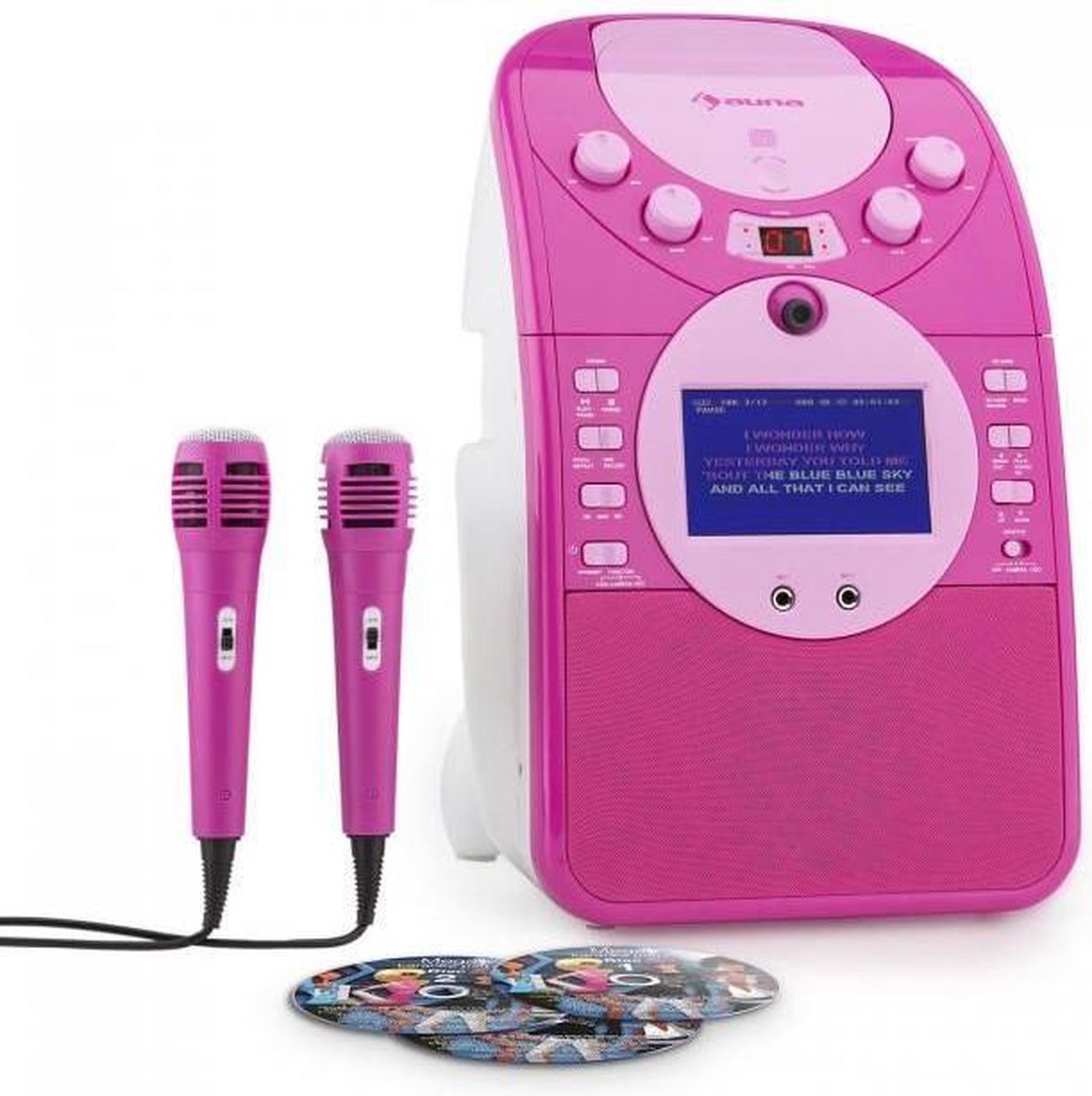 Karaoke set - Auna ScreenStar karaoke set met ingebouwde camera en kleurenscherm, CD+G en mp3 speler, opname mogelijkheid & 2 microfoons - De perfecte set voor de echte topartiest! - Roze