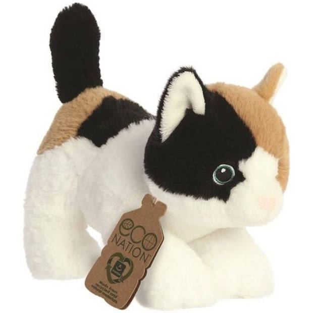 Aurora Eco Nation Pluche knuffeldier kat/poes - bruin/wit - 22 cm - Katten/poezen thema - Knuffel boederijdieren