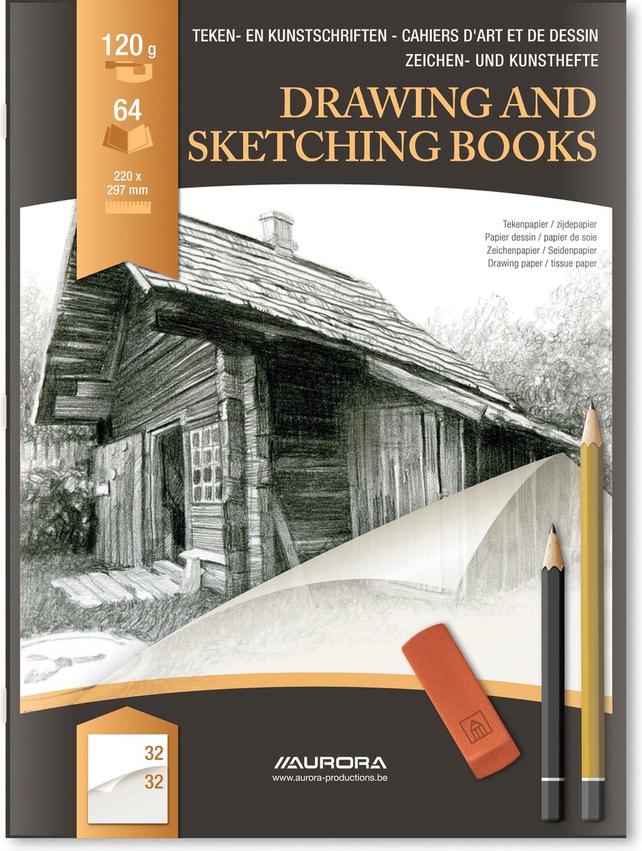 Aurora Teken- en Kunst Schrift A4-plus, 64 bladzijden, met zijdepapier, pak van 20