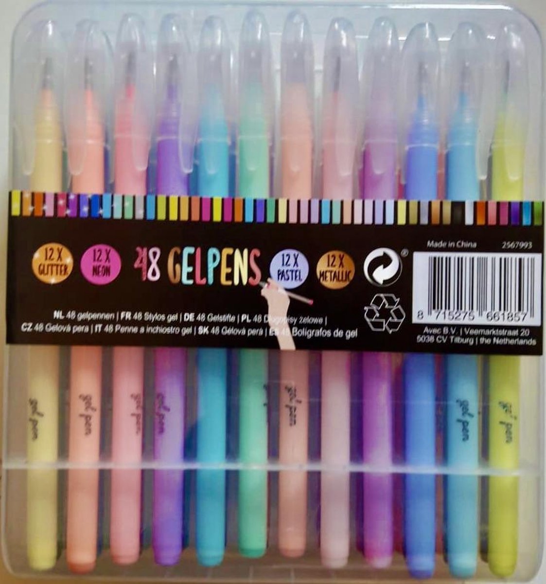 48 Gelpennen in koffertje - 12x Glitter - 12x Neon - 12x Pastel - 12x Metallic