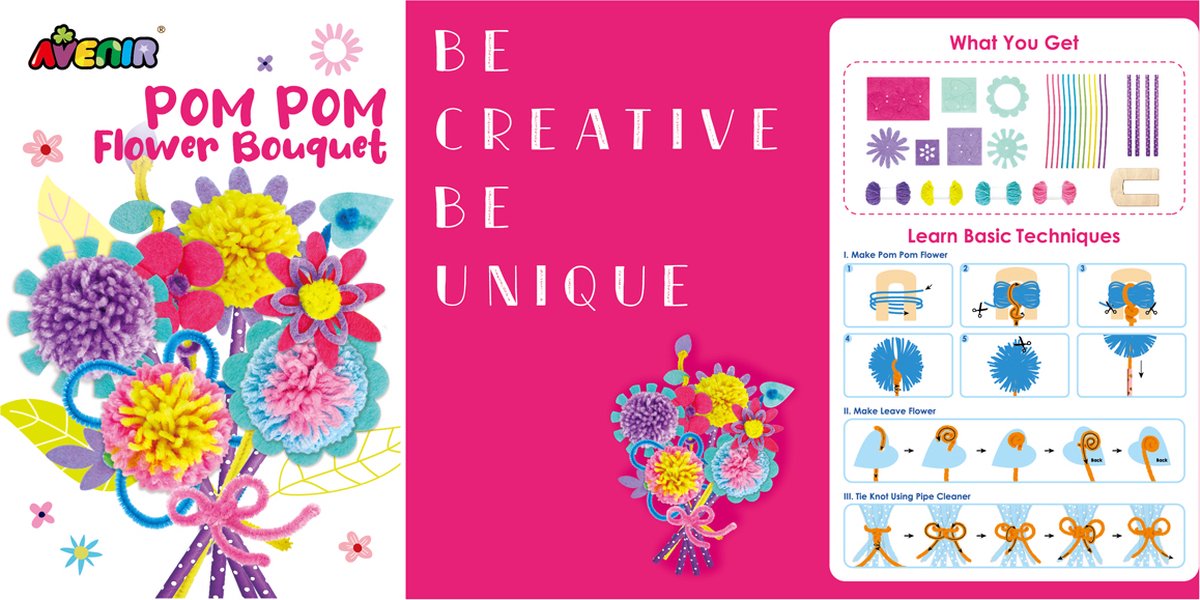 Avenir naaikit - creatieve pom pom bloemenboeket set voor kinderen.