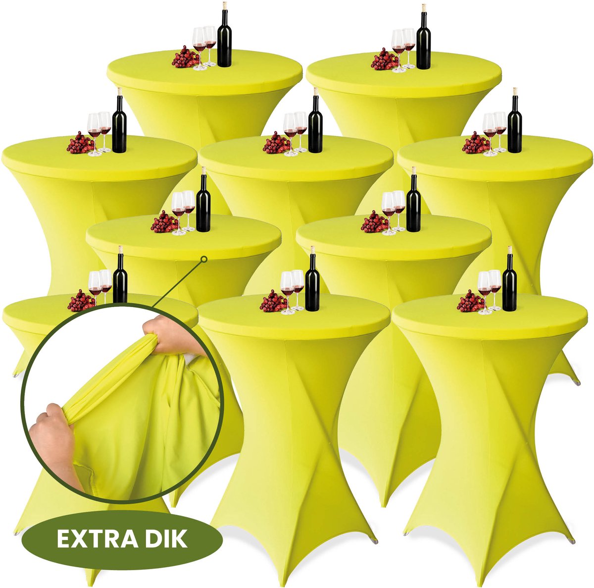 Statafelrok Geel x 10 – ∅80-85 x 110 cm met Opbergtas – Statafelhoes Stretch Stof – Kras- en Vouwvrije Statafel Rok Extra Dik – Sta Tafelrok - 10 Stuks – Statafelhoezen Voor Horeca, Evenementen, Feest, Bruiloft en Partijen