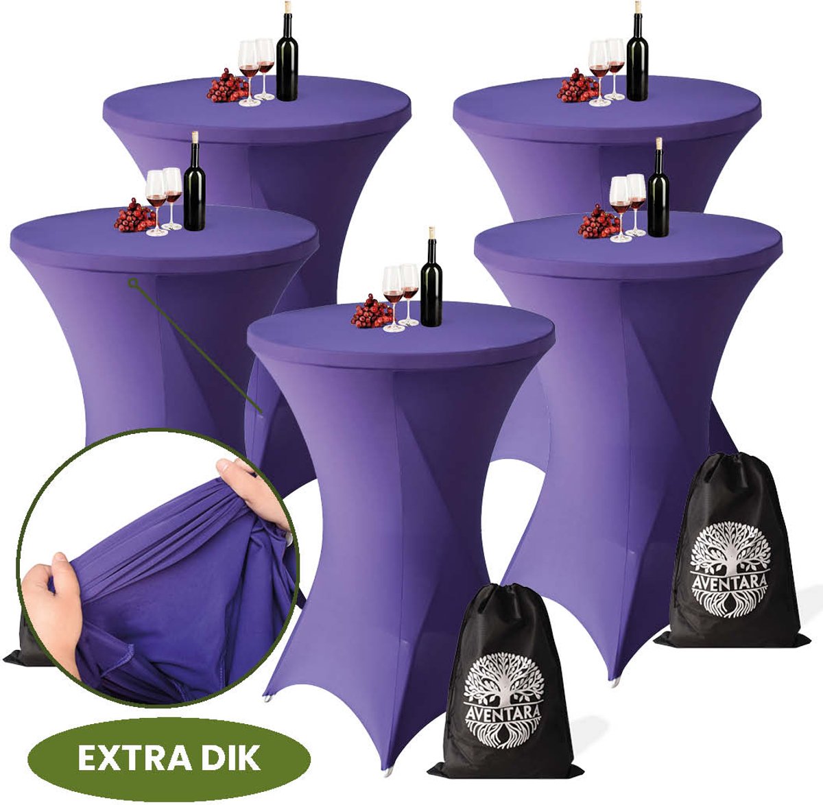 Statafelrok Paars x 5 – ∅80-85 x 110 cm met Opbergtas – Statafelhoes Stretch Stof – Kras- en Vouwvrije Statafel Rok Extra Dik – Paarse Sta Tafelrok 5 Stuks – Statafelhoezen Voor Horeca Evenementen Feest Bruiloft Partijen