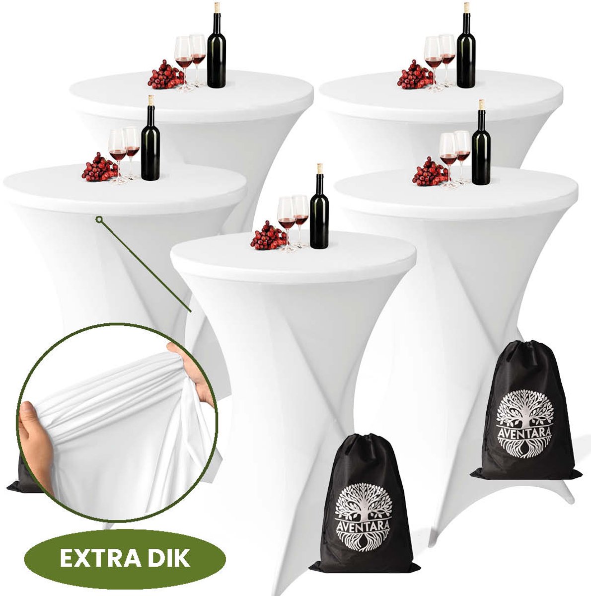 Statafelrok Wit x 5 – ∅80-85 x 110 cm met Opbergtas – Statafelhoes Stretch Stof – Kras- en Vouwvrije Statafel Rok Extra Dik – Sta Tafelrok - 5 Stuks – Statafelhoezen Voor Horeca, Evenementen, Feest, Bruiloft en Partijen