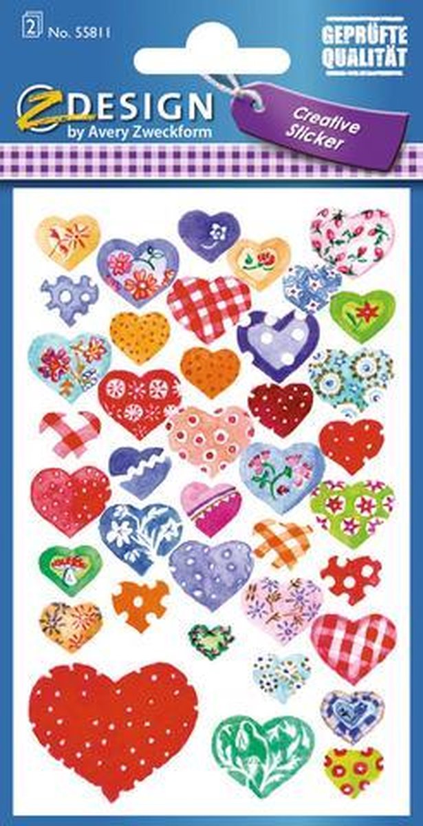 Avery papieretiket Z-design Creative pakje a 2 vel glimmende harten