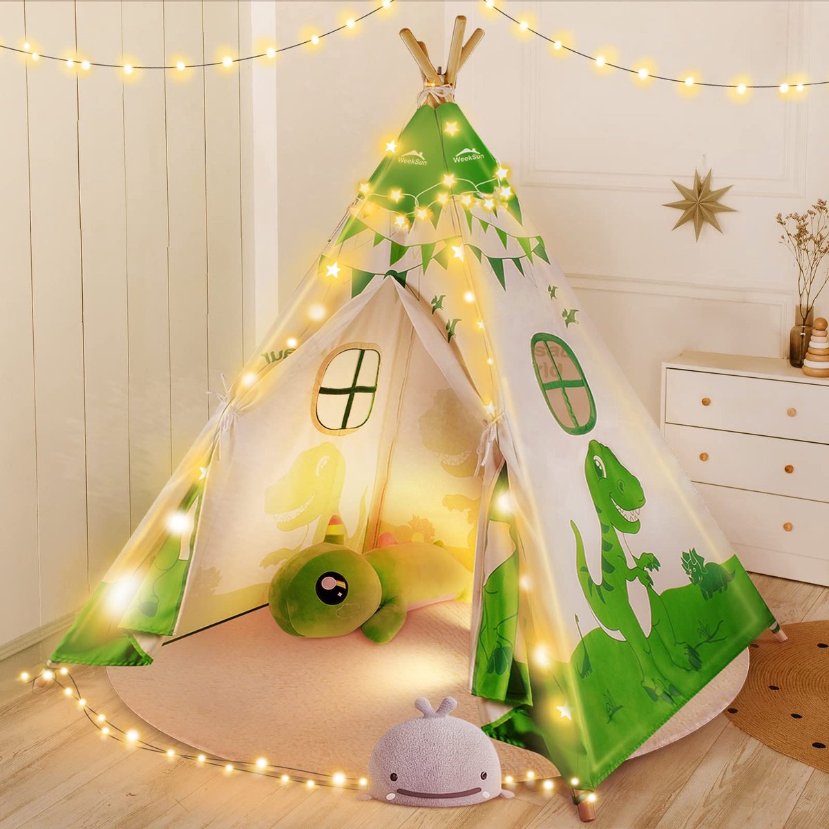 Azomor® Kindertipi Tent met Verlichtingsketting en Comfortabele Speelmat voor Binnen en Buiten