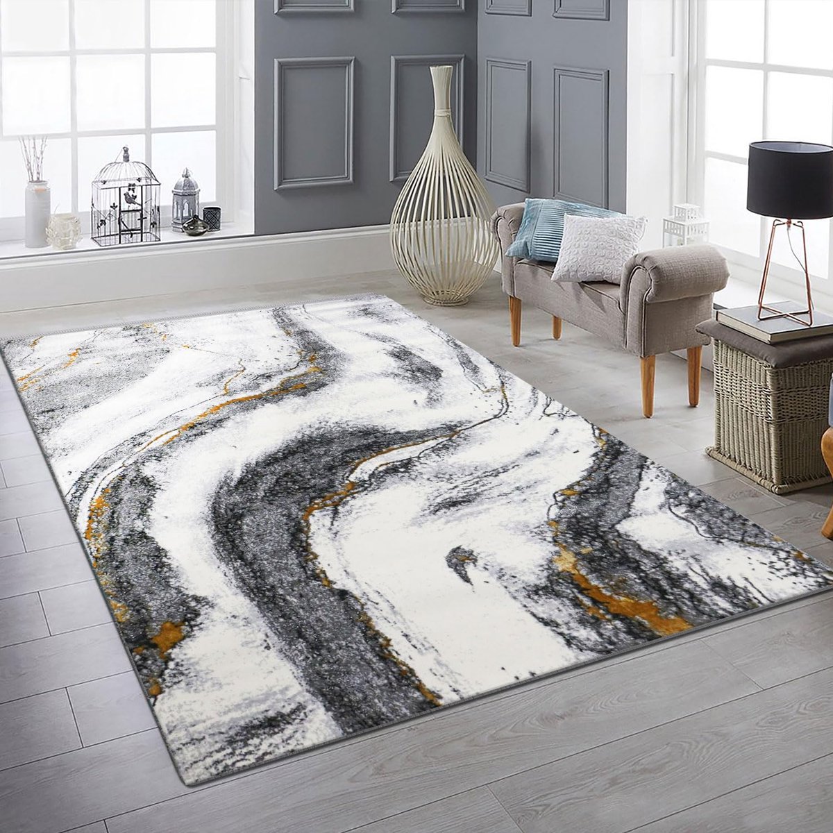 Azomor® Modern tapijt met marmerlook in grijs en goudtinten voor sfeervolle woonkamer