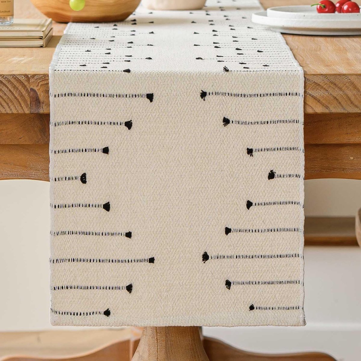 Azomor® Stijlvolle Boho Tafelloper van Katoen in Zwart Beige voor Diverse Tafels