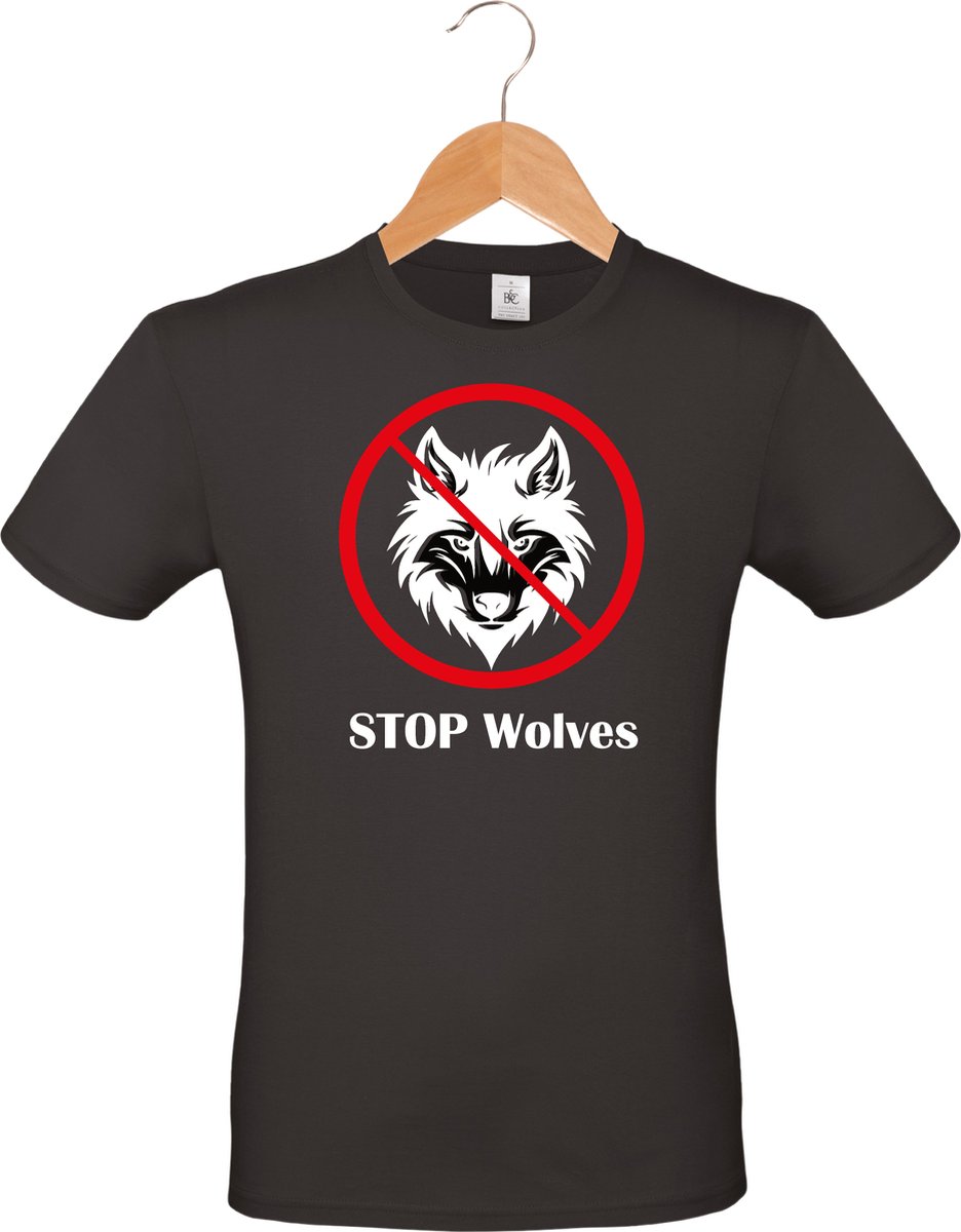Mijncadeautje - Protest T-shirt - unisex - zwart - anti wolf - wolvenaanval - wolf in Nederland - opdruk in rood en wit - Stop Wolves - maat L