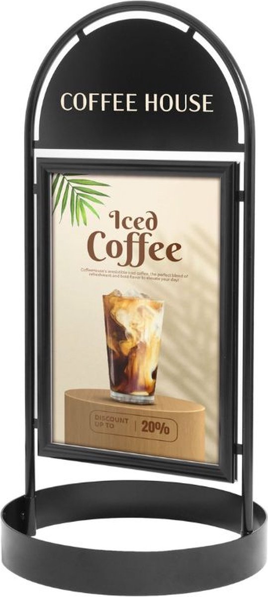 Stoepbord rond dubbelzijdig B2 staal zwart / posterformaat 50x70cm / klantenstopper / sandwichbord / waterdicht