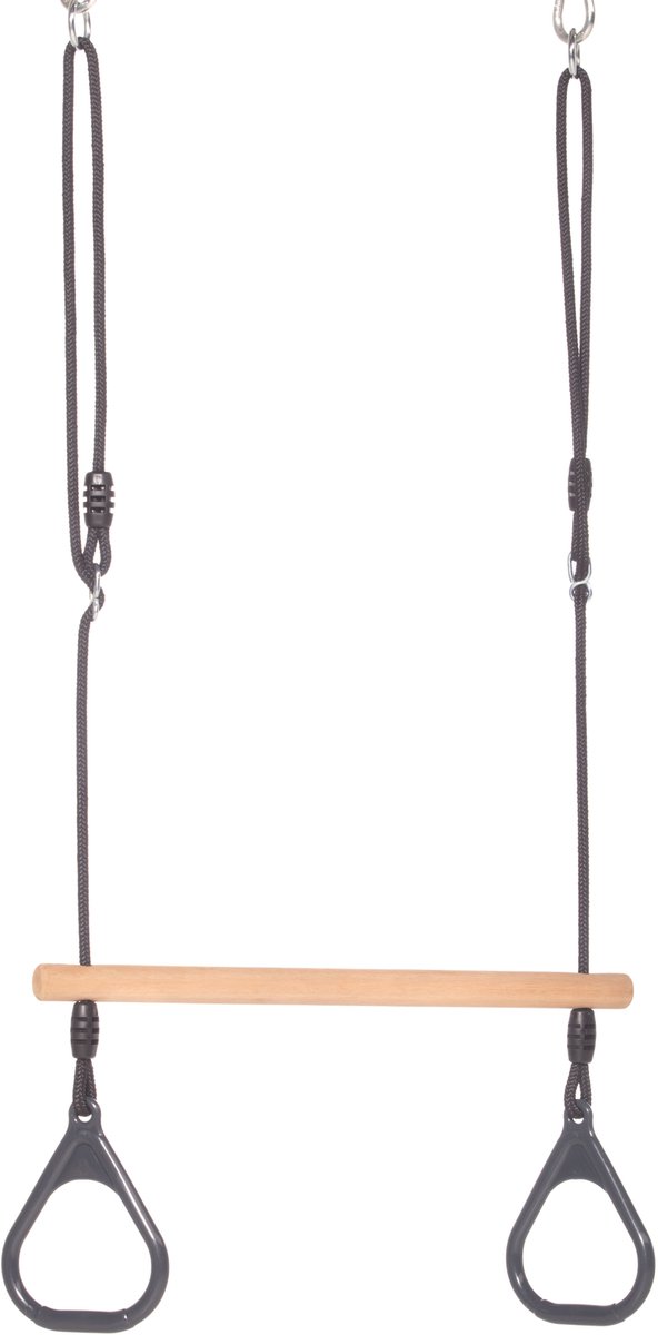 Houten Ringtrapeze met Kunststof Ringen Antraciet en BR Touw Zwart