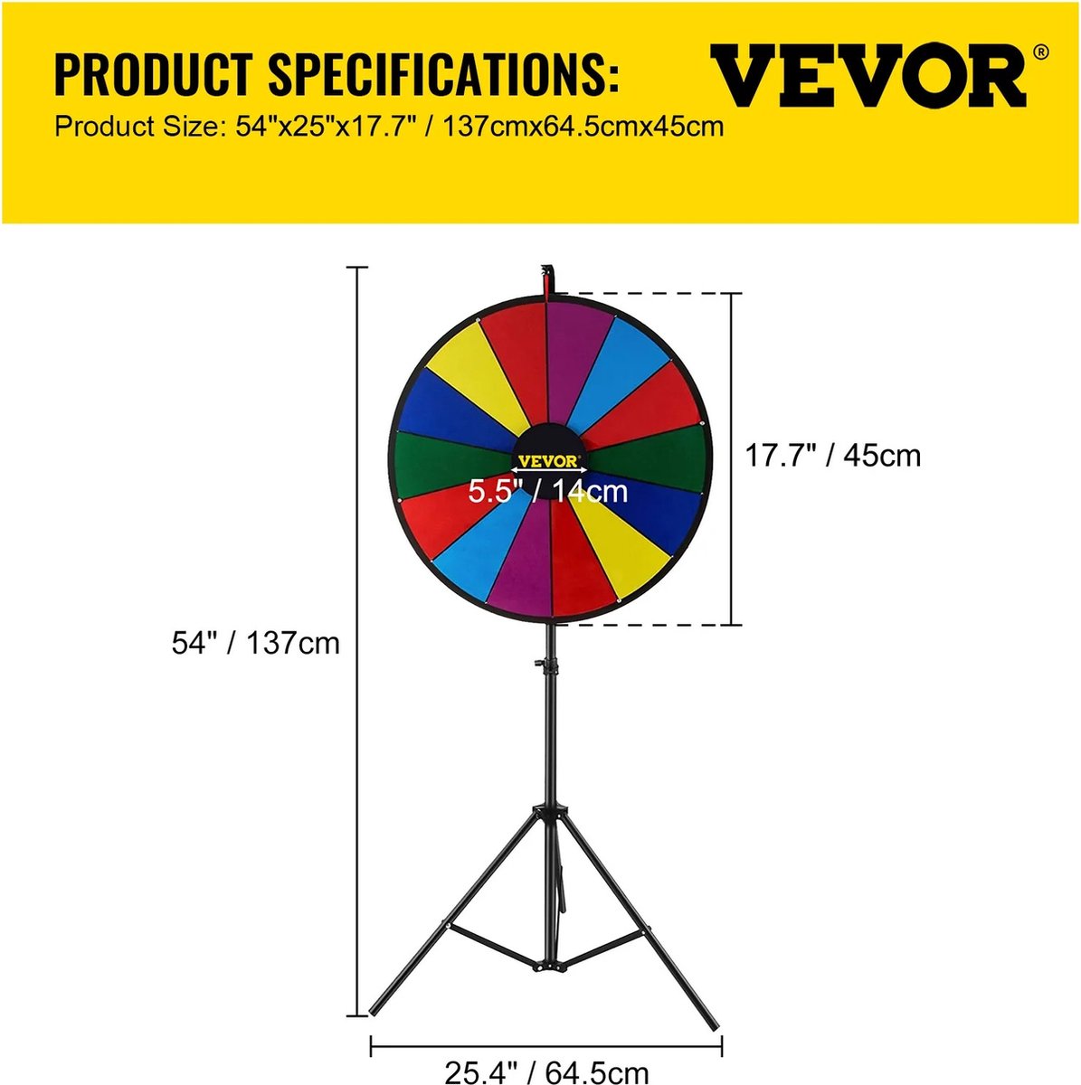 B.O.S. Rad van fortuin - Draairad - Draaiwiel - Gezelschapsspel - 14 vakken - 14 slots - Ø 61 cm - Met statief - Met markeerstiften en wisser - In hoogte verstelbaar - Opvouwbaar - Met draagtas