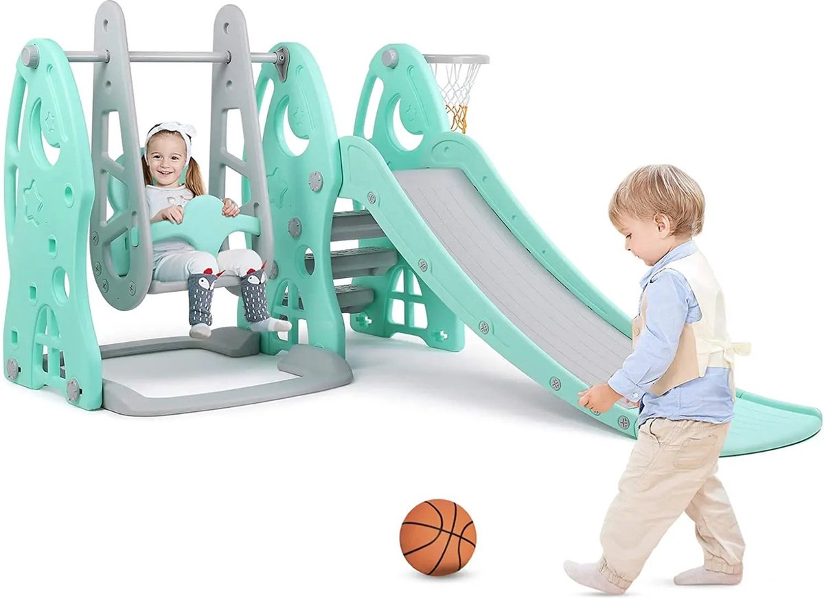 Kids - Schommel -   Set - Basketbal Hoepel - Muziekspeler - Kids Fun - Slide Set - Voor Binnen En Buiten - Speeltuin - Spelen - Set - Turquoise