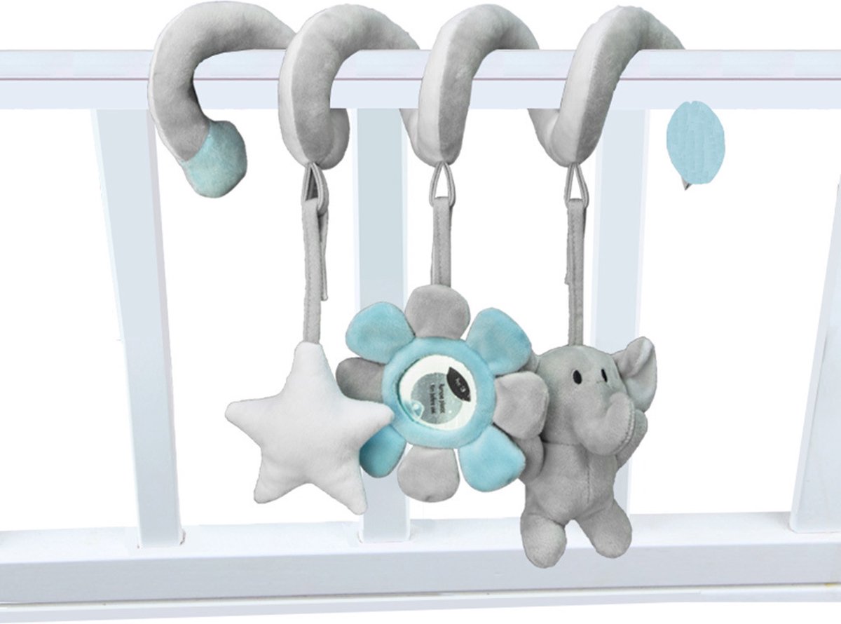 Boxspiraal – Olifantje – Activiteitenspiraal voor Wieg, Box & Kinderwagen – Babyspeelgoed met Rammelaar