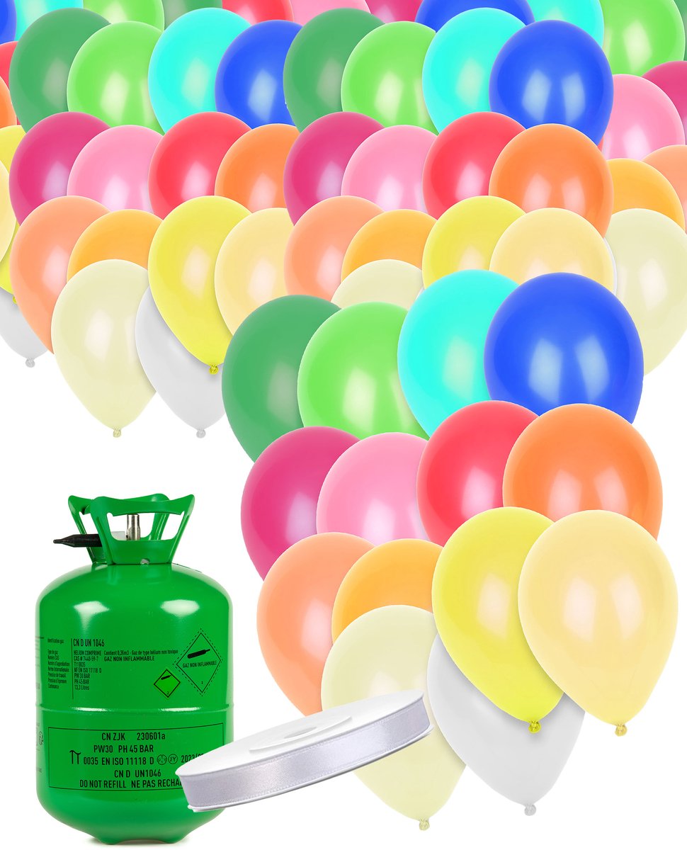 Vegaoo - Heliumflessenset met 50 veelkleurige ballonnen en lint