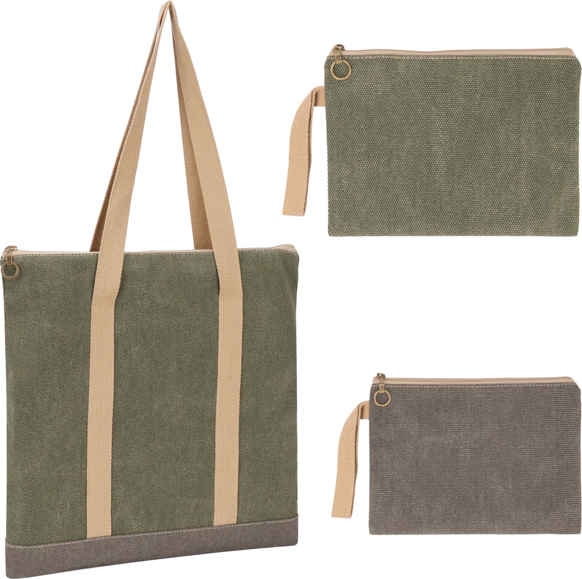 Belle Vous (3 Pack) Grey & Green Zipper Bags - Multi-Sized Storage Pouches with Handles - Travel Organisers for Cosmetics, Makeup, Toiletries & More