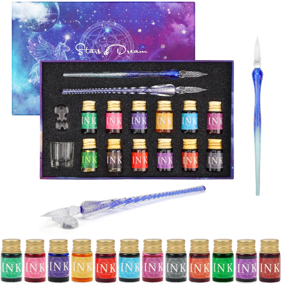 Belle Vous 16-Delige Kalligrafie Pennen Set met Houder, Inktflesjes en een Lege pot - 2 Inkt Dip Pennen - Ideaal voor Beginners en Volwassenen - 12 Verschillend Gekleurde 7 ml Inkten