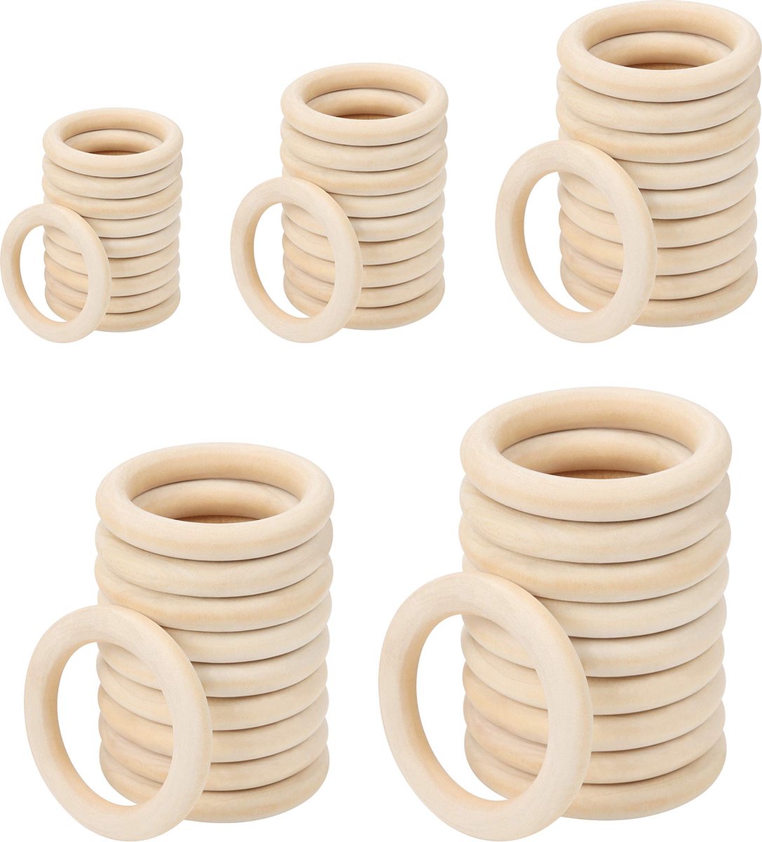 Belle Vous Natuurlijk Houten Ringen (50 Pak) – Geassorteerde Houten Ringen Set (70mm, 65mm, 50mm, 40mm, 30mm) – Onbewerkte Ringen Voor Hobby & Kunst, Huisdecor, Sieraden Maken, Ringen Connectors