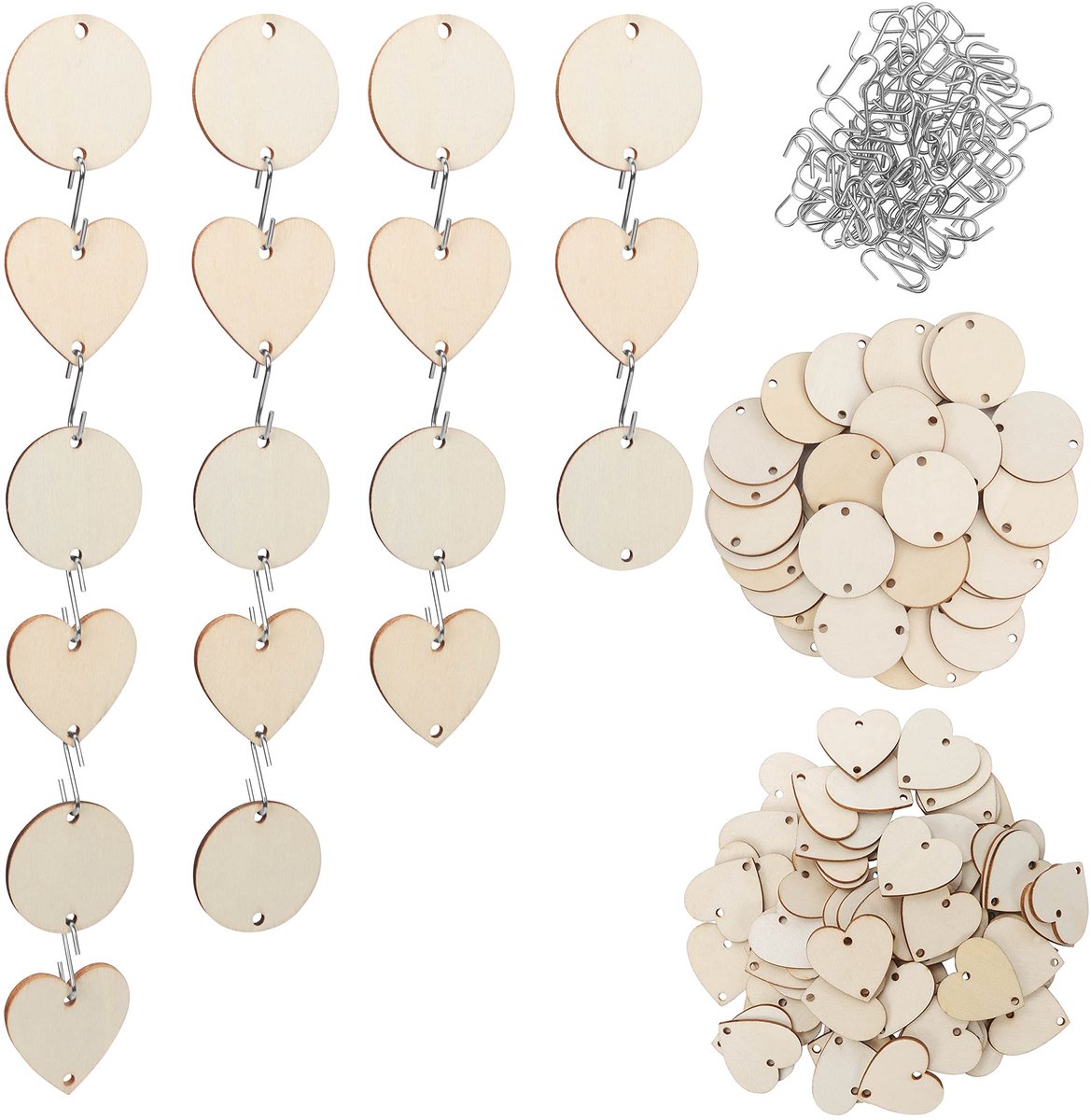 Belle Vous Rond hout en hart van ruw hout met S-haken (240 stuks), klein hart en rond, voorgeboord, handwerk, verjaardags-/taken, etiketten, kerst- en bruiloftsdecoraties
