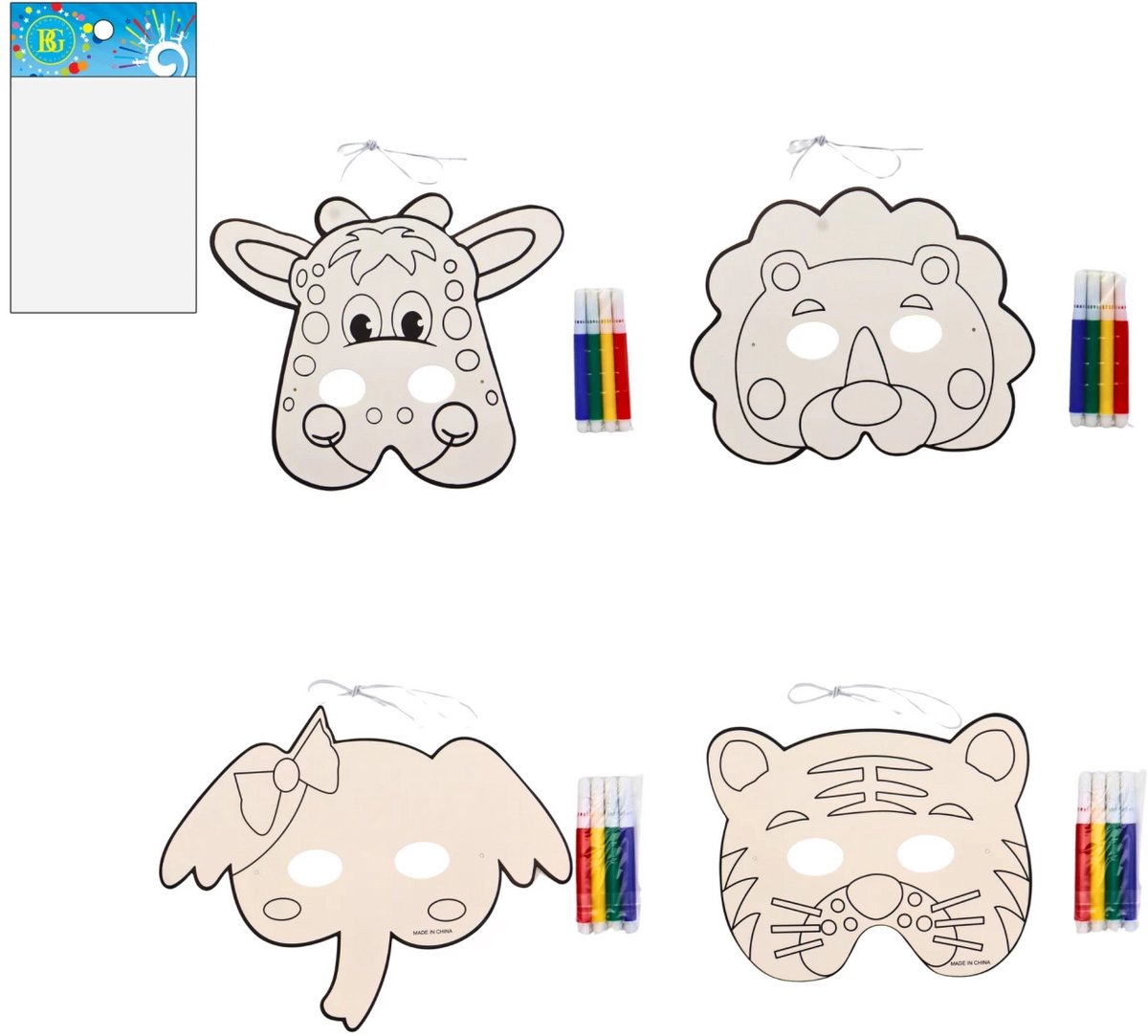 Dierenmaskers Safari – Set van 12 Blanco Maskers - Wilde Dieren - Dierentuin (Tijger, Leeuw, Giraffe & Olifant) – Inclusief 4 kleuren Viltstiften om zelf In te Knutselen – Kinderfeestje & Uitdeelcadeau