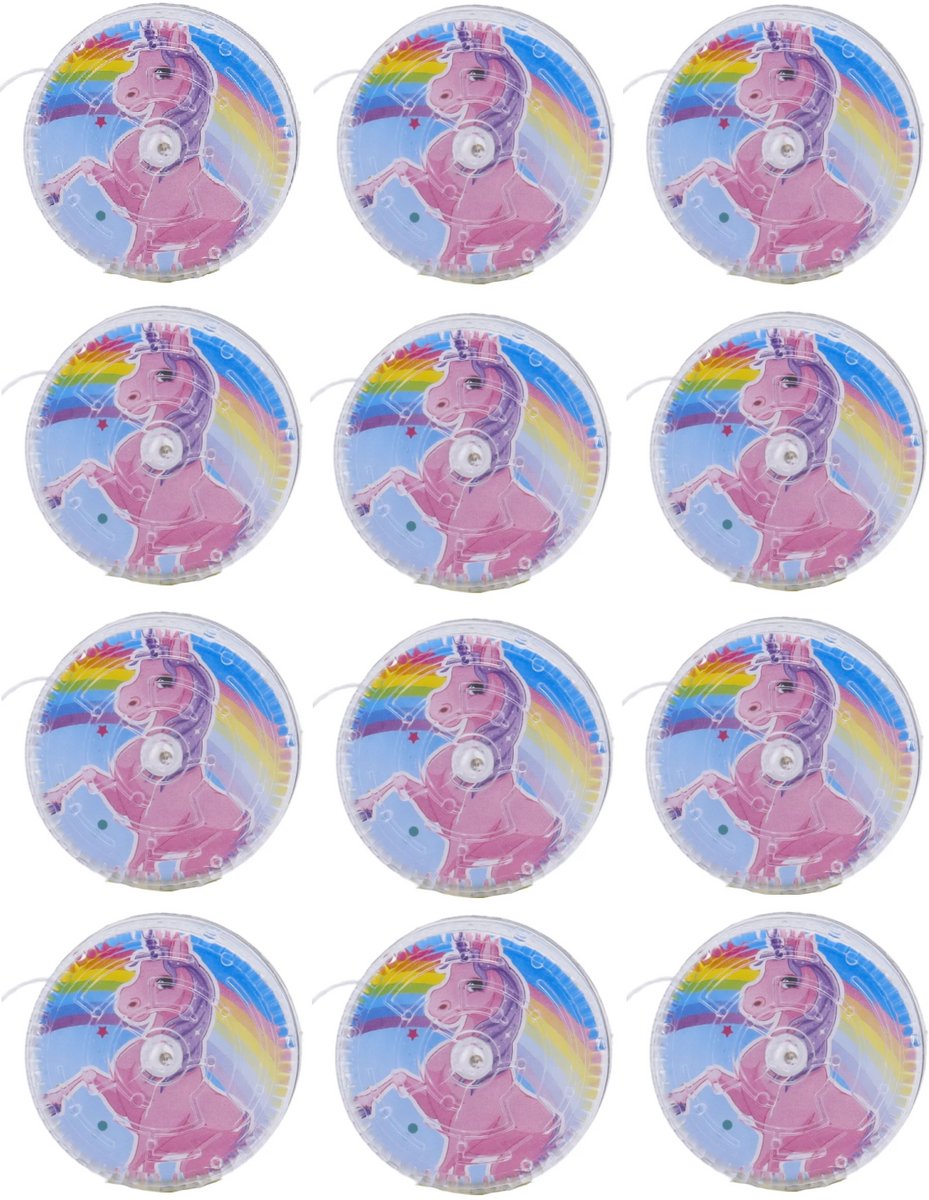 Jojo 12 stuks - Unicorn Thema – Met Doolhof Puzzel Eenhoorn – 5 cm Labyrint YoYo– Kinderfeestje, Uitdeelcadeau & Traktatie
