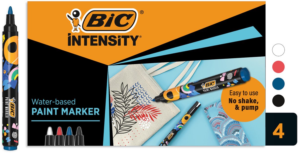 BIC Intensity Paint Markers - Verfstiften - Stiften voor Volwassenen - Diverse Kleuren - Watervaste Marker met Medium Pun - 4 Stuks
