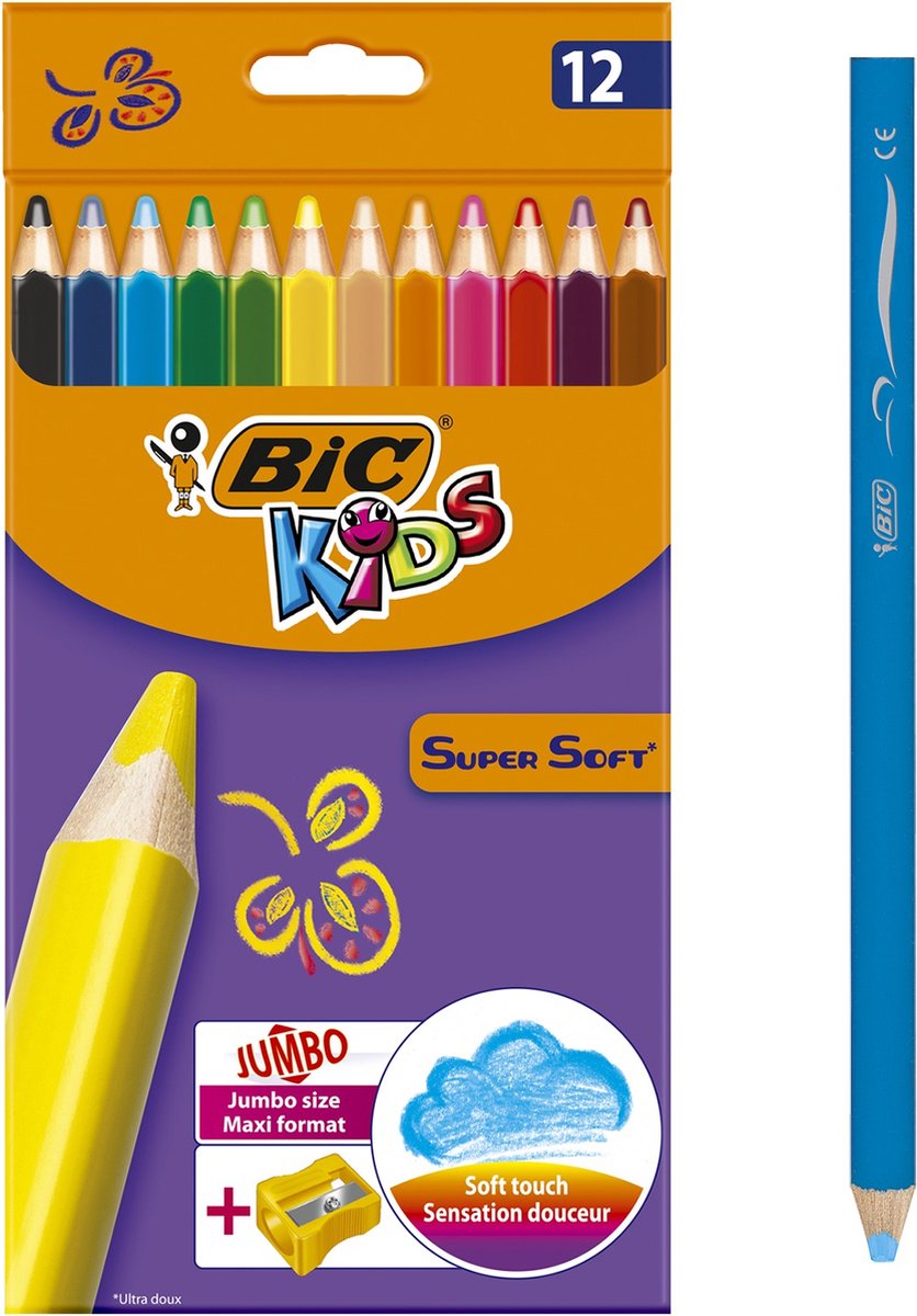BIC Kids Supersoft kleurpotloden met puntenslijper - diverse kleuren - punt van 5.8 mm - pak van 12 stuks
