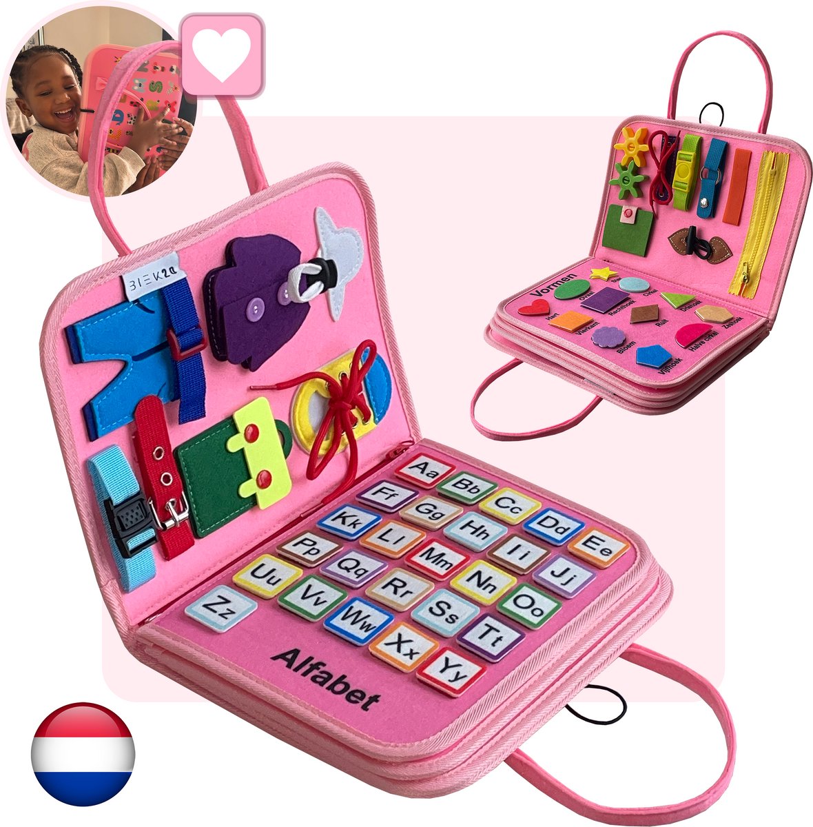 BIEK20® Busy Board Roze - Montessori Speelgoed - Sensorisch Speelgoed - Activiteitenbord - Educatief Speelgoed - Speelgoed voor in de auto - Montessori voor thuis - Interactief Speelgoed - Motoriek Speelgoed