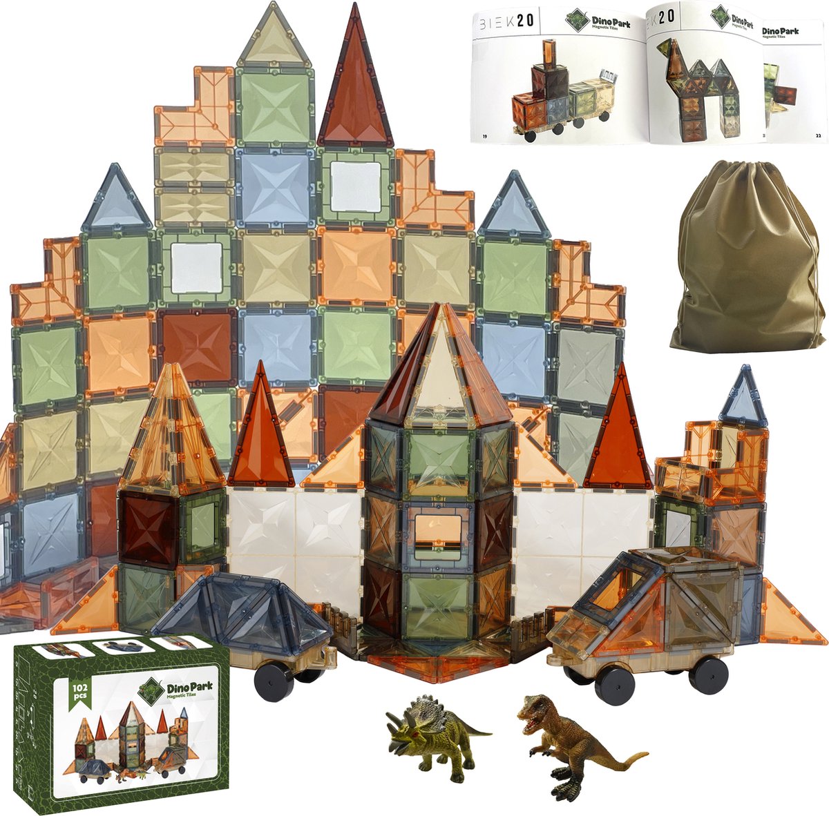 Magnetisch Speelgoed Dino Park 102 stuks - Montessori Speelgoed - Constructiespeelgoed - Magnetische Bouwstenen - Magnetic Tiles - Magnetische Tegels - Magneet Speelgoed