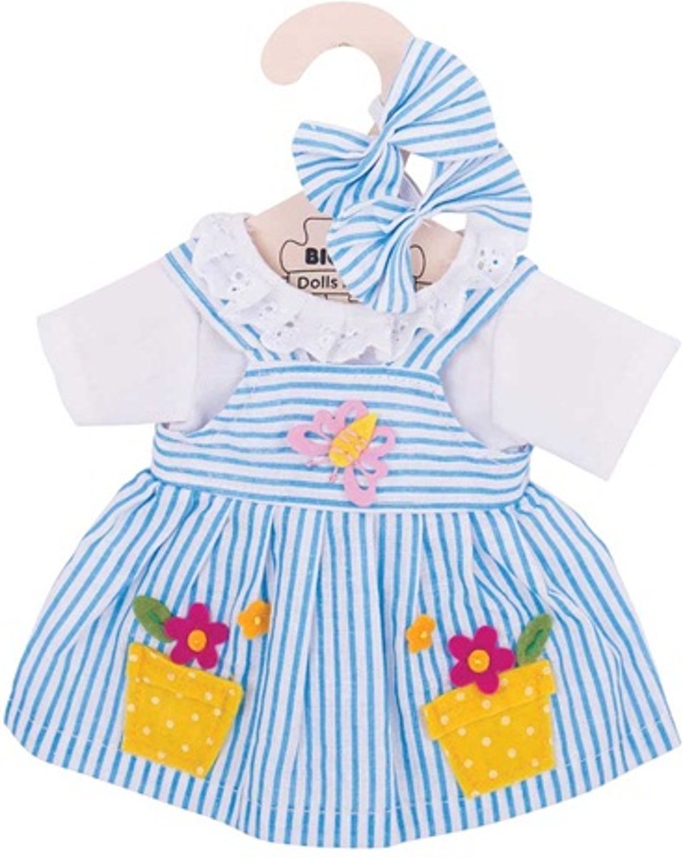 Bigjigs - Poppenkleren - Jurk - Blauw/wit gestreept - 30cm