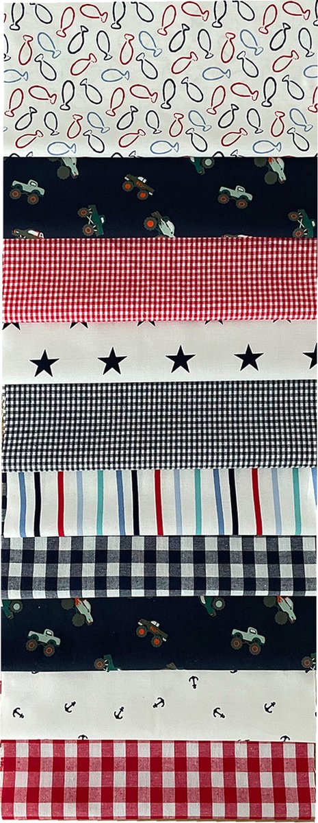   - 10 lapjes - Quilt Patchwork - Rood Wit Blauw 25 x 25 cm. Set = 10 lapjes