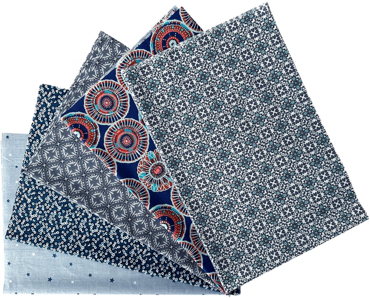 BINK Bedding - 5 lapjes - 100% katoen - Quilt Patchwork - Blauw Grijs - 60 x 40 cm - Set = 5 lapjes stof - hobby - creatief - naaien