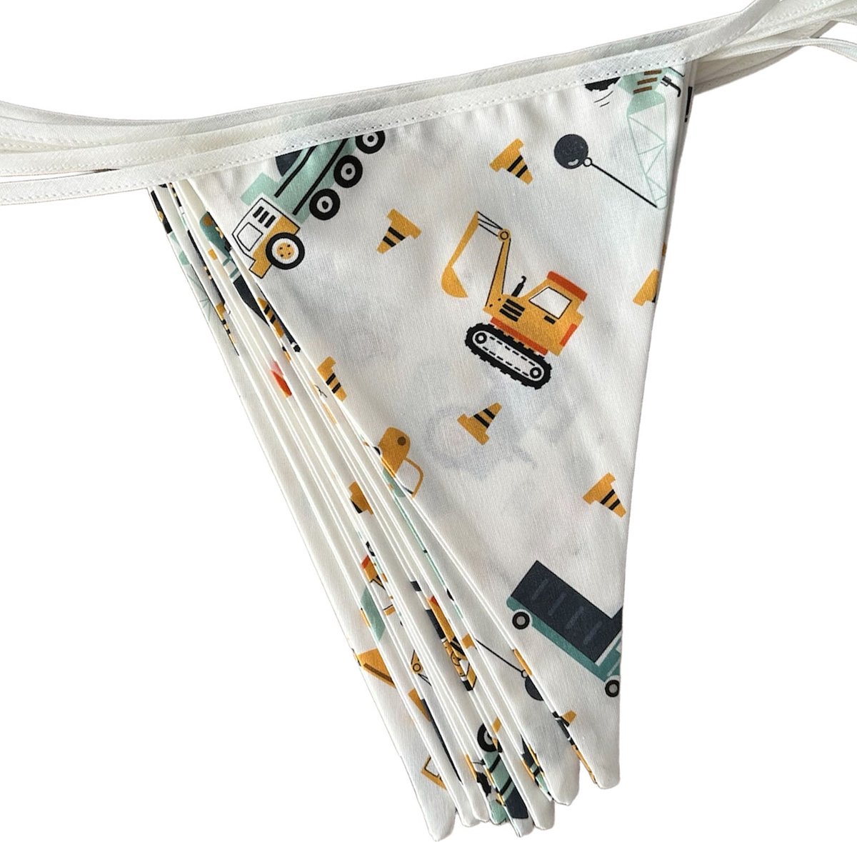 BINK Bedding Stoffen Slinger - Vlaggenlijn Bram model L (5 mtr, 9 vlaggetjes) - autos - vrachtwagen - kiepwagen - tractor - werkvoertuigen - mintgroen - ecru - oranje - geel - grijs - tweezijdig - katoen - jongens - feest - kinderverjaardag - party