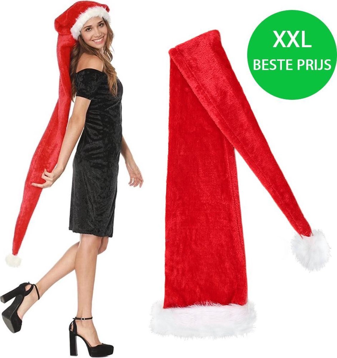 Extra lange luxe Kerstmuts met bond XXL - Rood - 145 cm