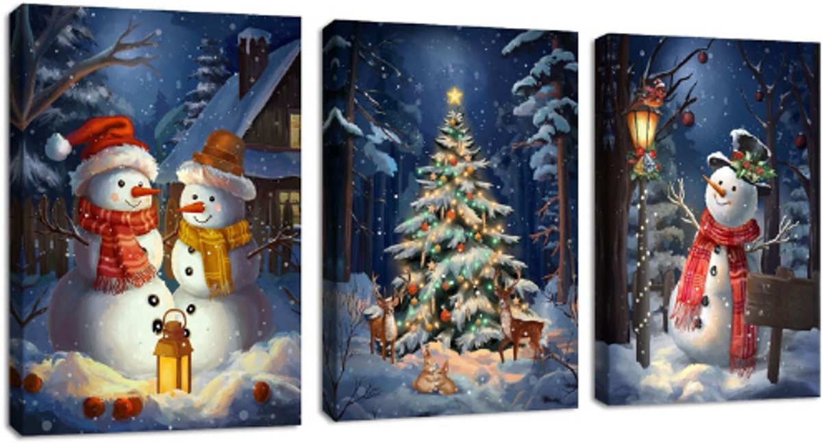 3-Delige Blauw Kerst Canvas Wanddecoratie Sneeuwlandschap Met Sneeuwman En Elanden Verlichte Nacht Landschap Canvas Schilderijen Voor Woonkamer Slaapkamer 40x60x3 cm