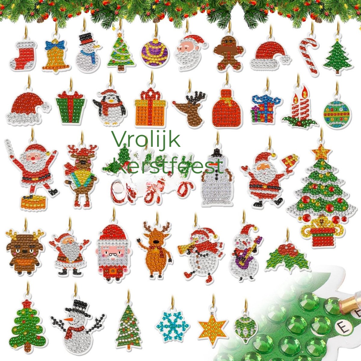 38 Stuks Diamantschilderij Kerststickers, 5D, Kerstmis, Kerstman, Rendier, Kerstboom, Diamond Painting, Compleet Met Kit, Doe-Het-Zelf Kerstmis
