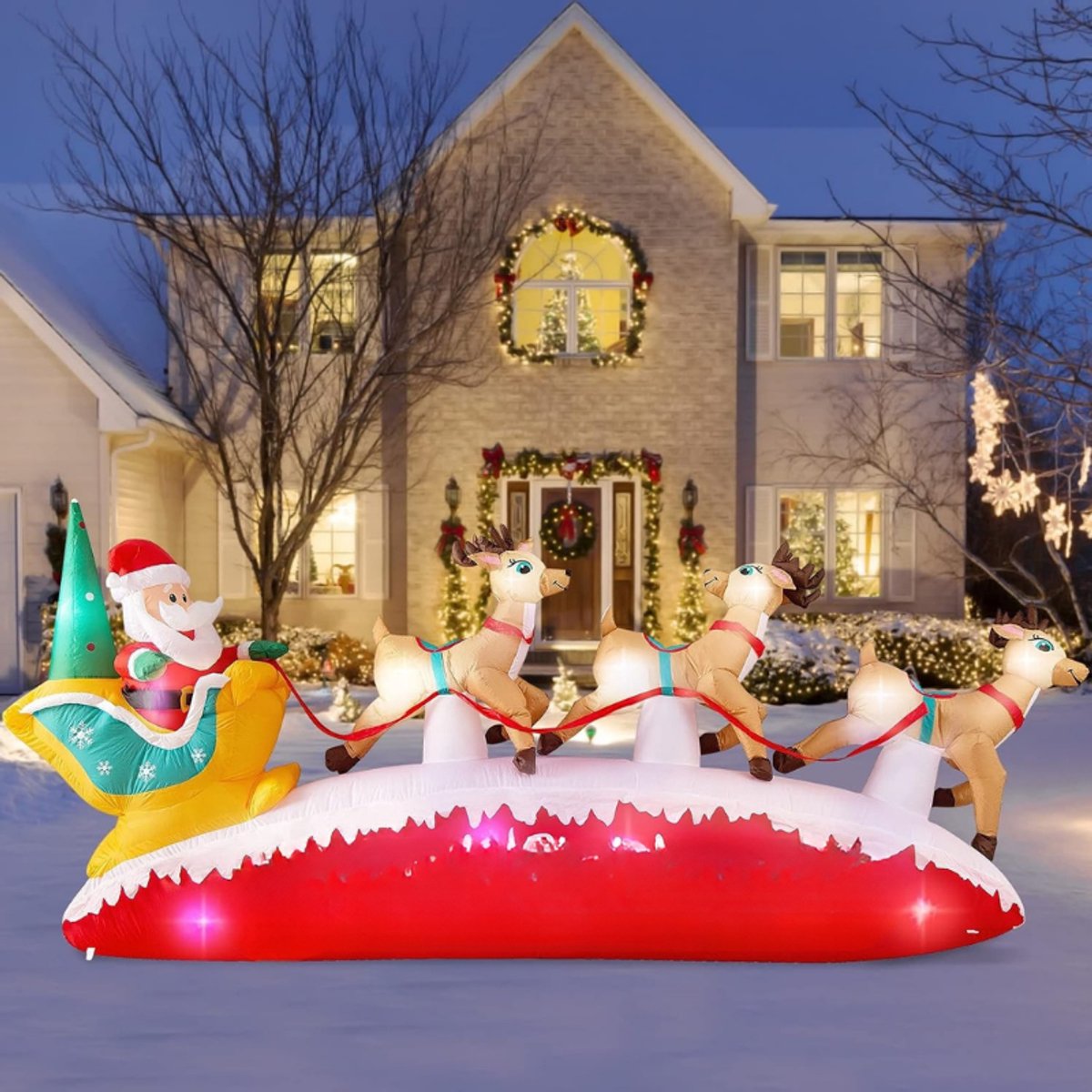 3M Opblaasbare Kerstslee Met 3 Rendieren Outdoor Decoratie Geïntegreerde Kleurrijke LEDs Opblaasbare Kerstman Indoor Decoratie Voor Kerst Feestdagen Tuin Gazon