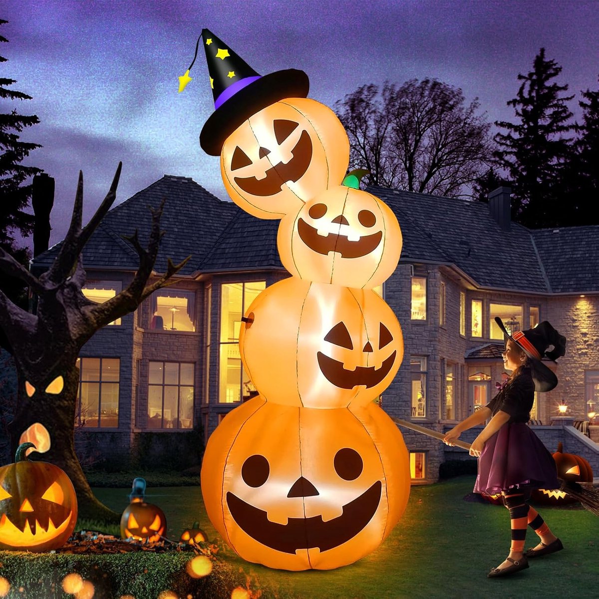 7.9 ft Halloween Opblaasbare Pompoenen – Gigantische Gestapelde Pompoen Lantaarns Met Verlichting – Binnen & Buiten Decoratie Voor Tuin - Gazon En Fees