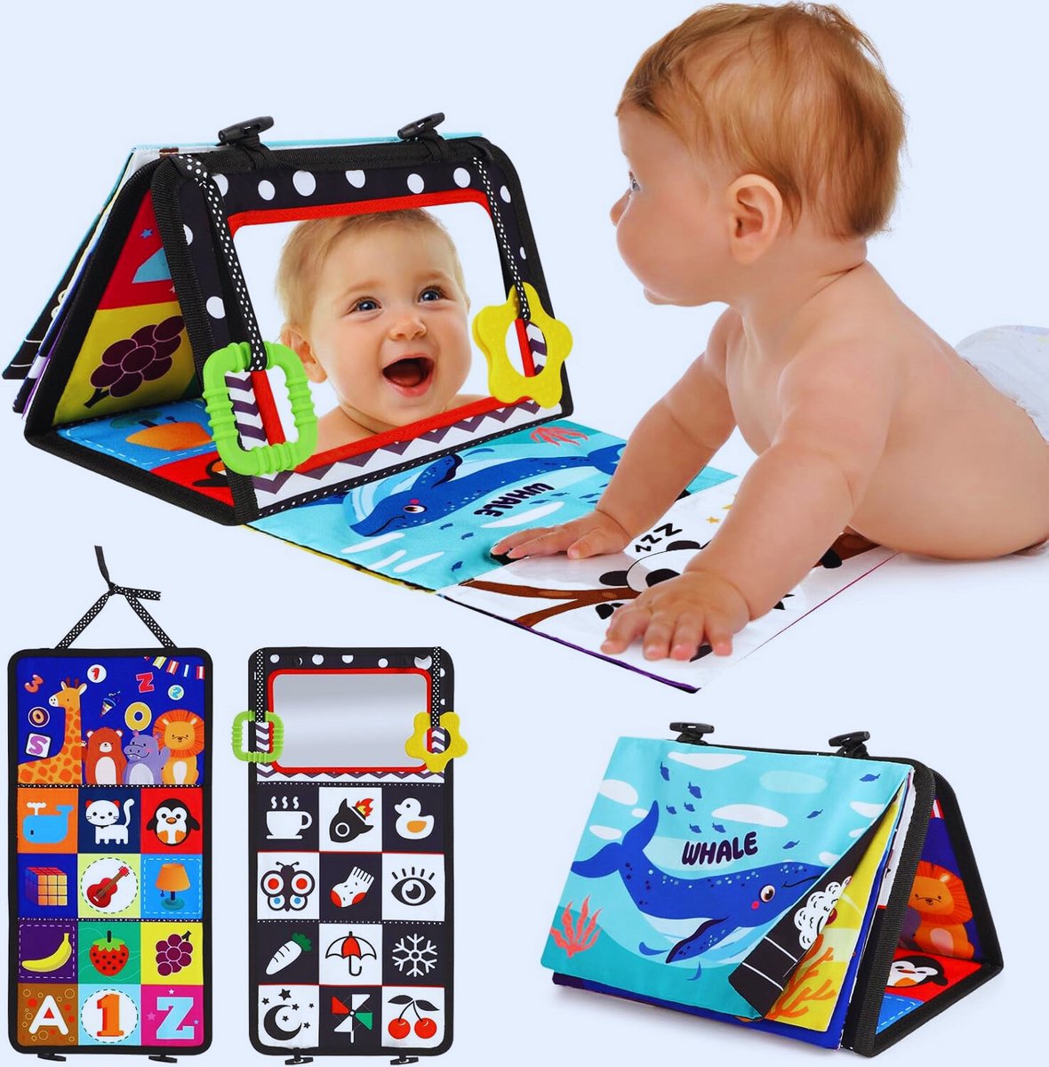 Babyspiegel Speelgoed Met Knisperboek En Bijtring in Zwart-Wit - Sensorisch Contrastboek Voor Babys (0-9 Maanden) - Educatief Speelgoed Voor Jongens En Meisjes - Perfecte Geschenken