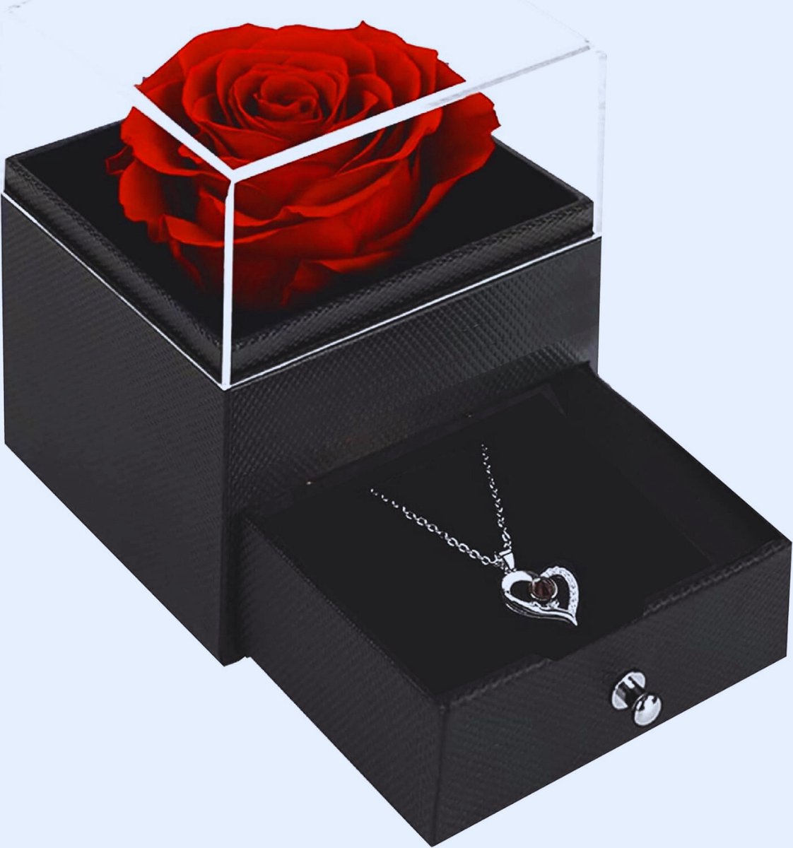 Gestabiliseerde Rode Roos Met Ketting - Hartvormige Hanger Cadeauset - Ik Hou Van Jou In Alle Talen - Perfect Voor Verjaardag - Jubileum - Valentijn & Kerst